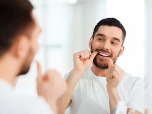 Man flossing his teeth in front of a mirror as part of his daily preventive dental care routine.
