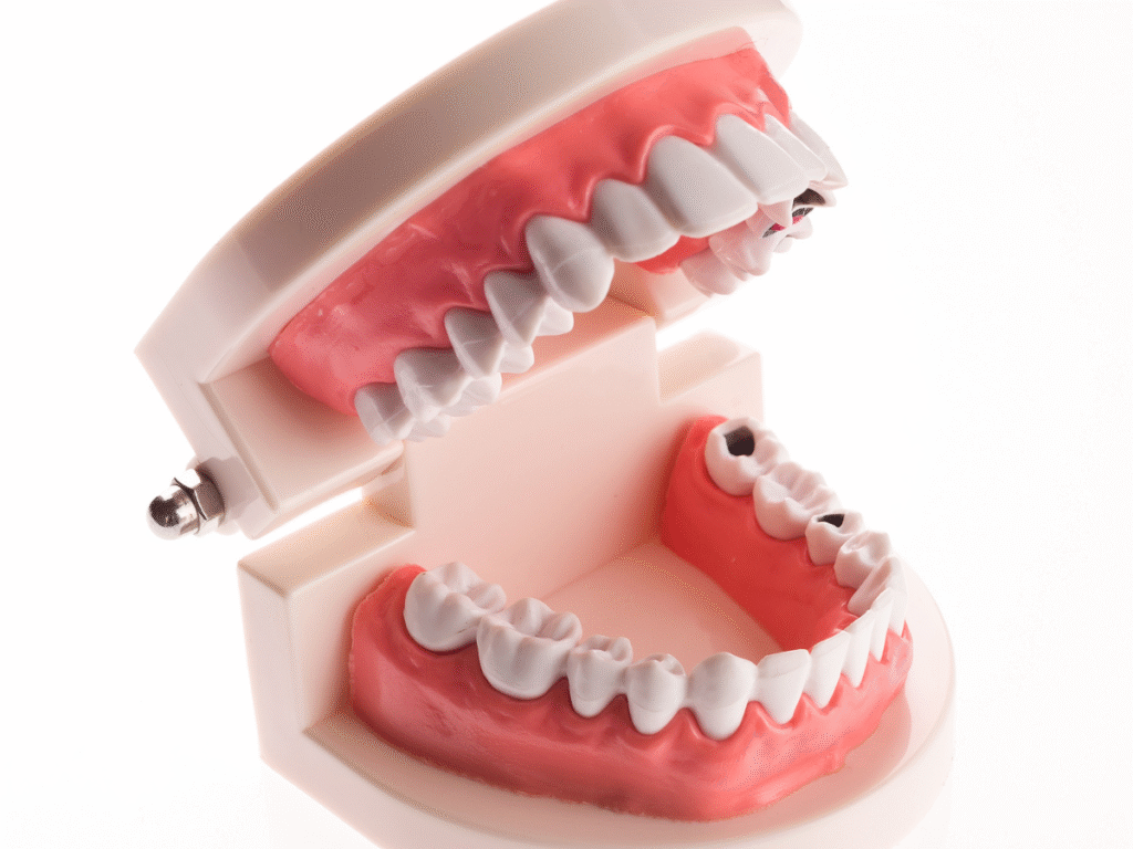 Dental implant model showing missing teeth and restored implants